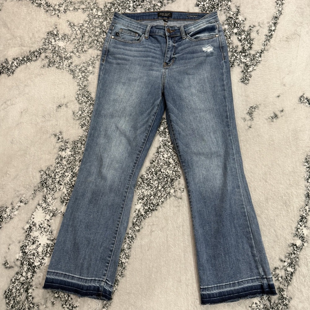 Judy Blue Cropped BootJeans Womens Size 9/29 Medium Wash Stretch Raw Frayed Hem
